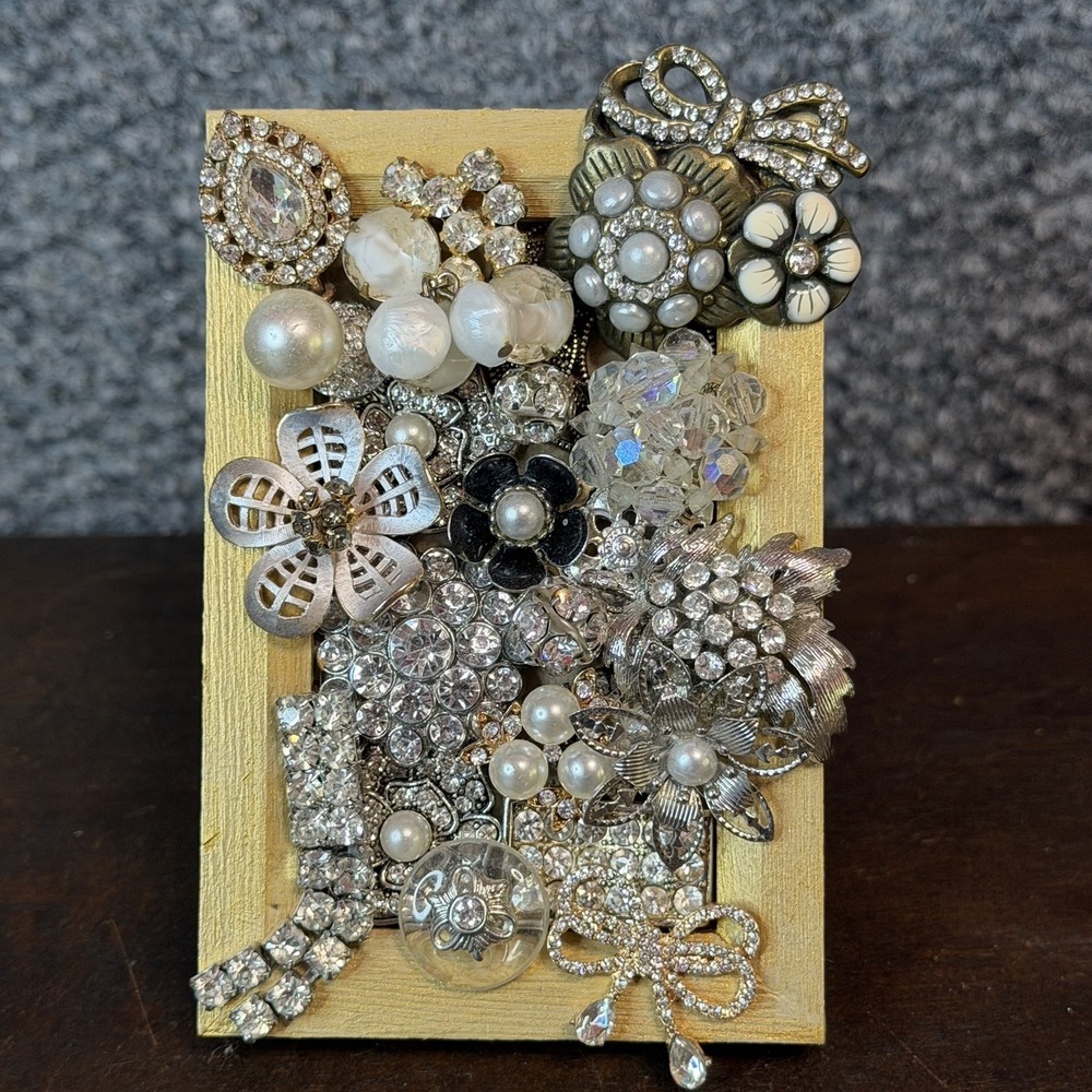 Framed Jewelry Art - Made with pearls, jewelry  & brooches one of kind Gift